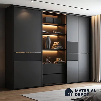 Minimalist matte black laminate wardrobe with integrated lighting in bedroom | Material Depot