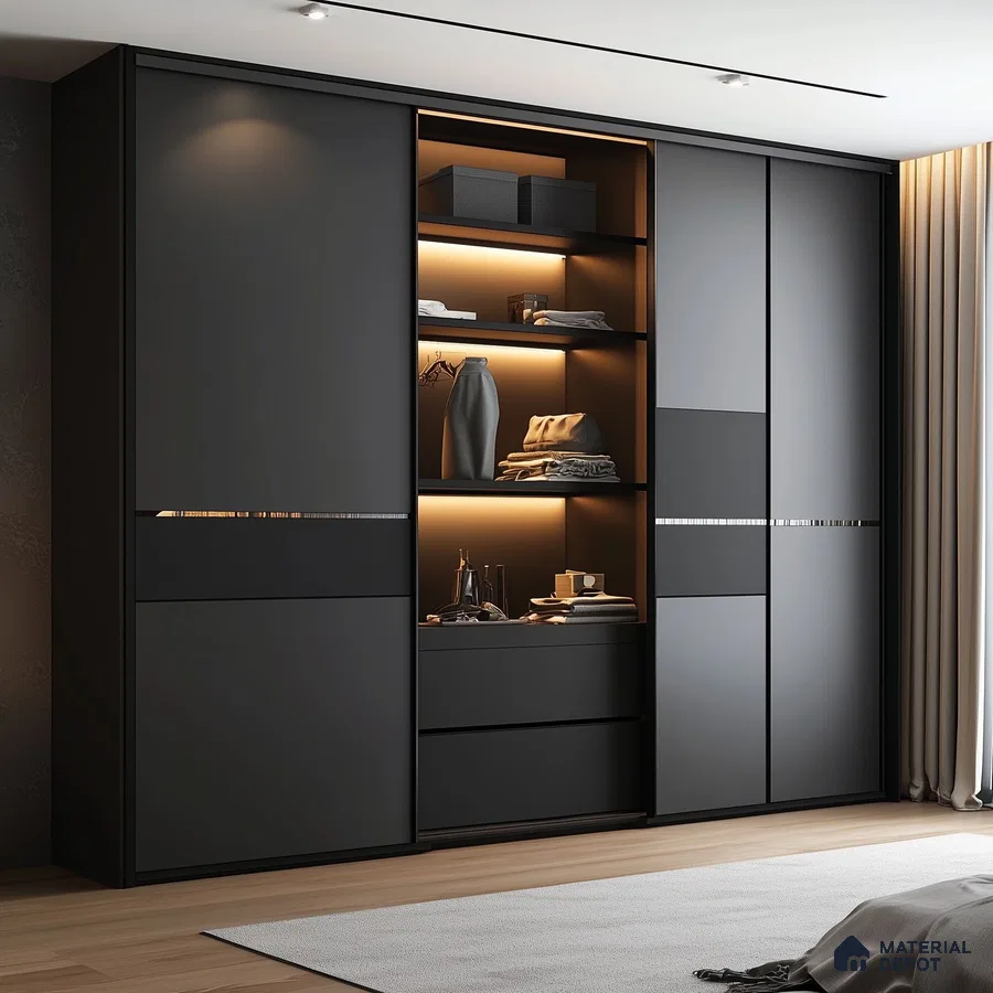 Minimalist matte black laminate wardrobe with integrated lighting in bedroom | Material Depot