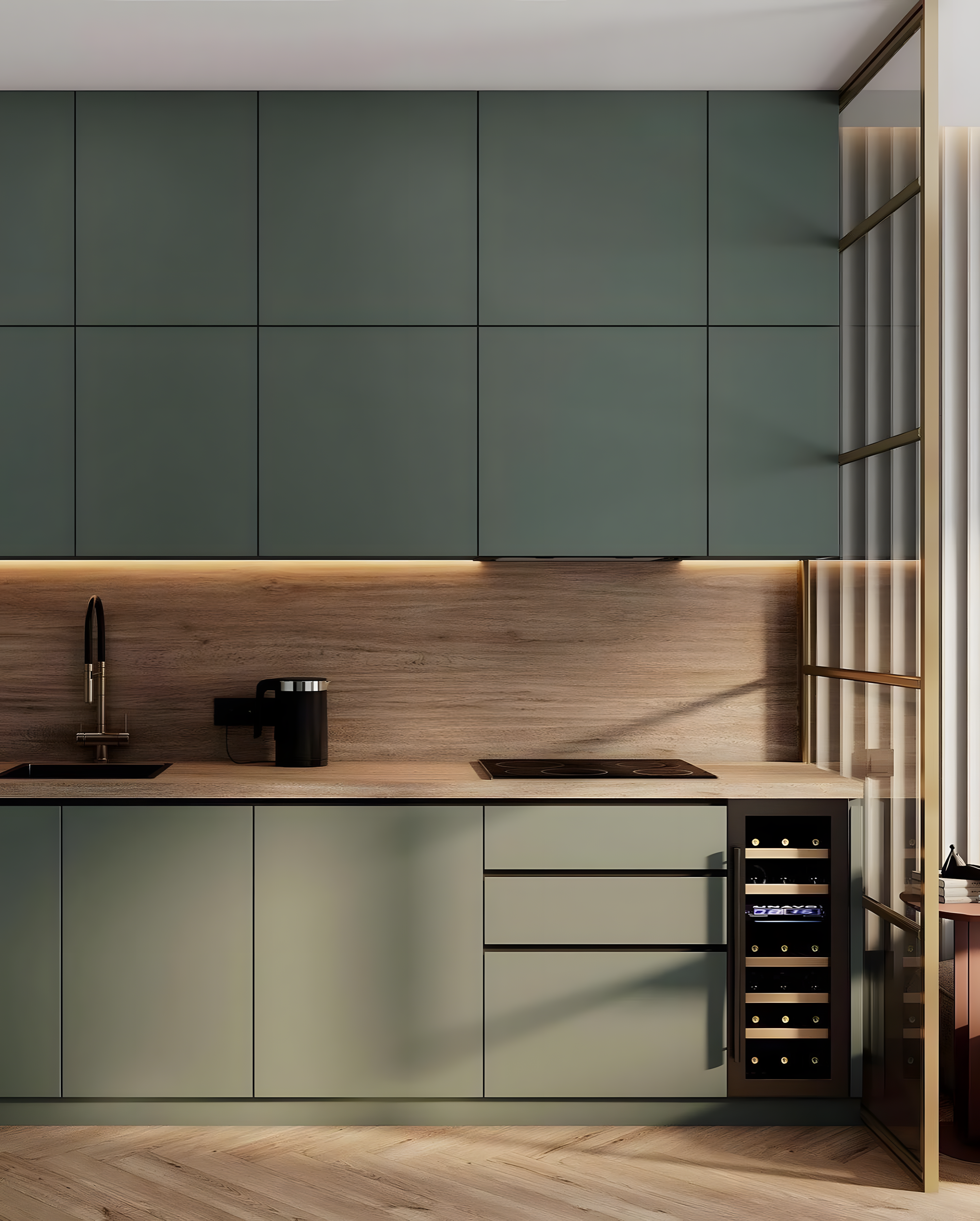 Minimalist Matte Sage Kitchen With Built-In Wine Cooler | Material Depot
