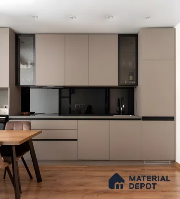 Minimalist Matte Taupe Modular Kitchen With Black Accents And Wood Flooring | Material Depot