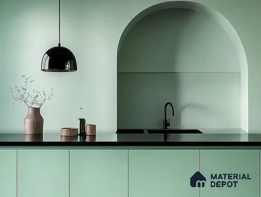 Minimalist Mint Green Kitchen with Sleek Arch Detail | Material Depot