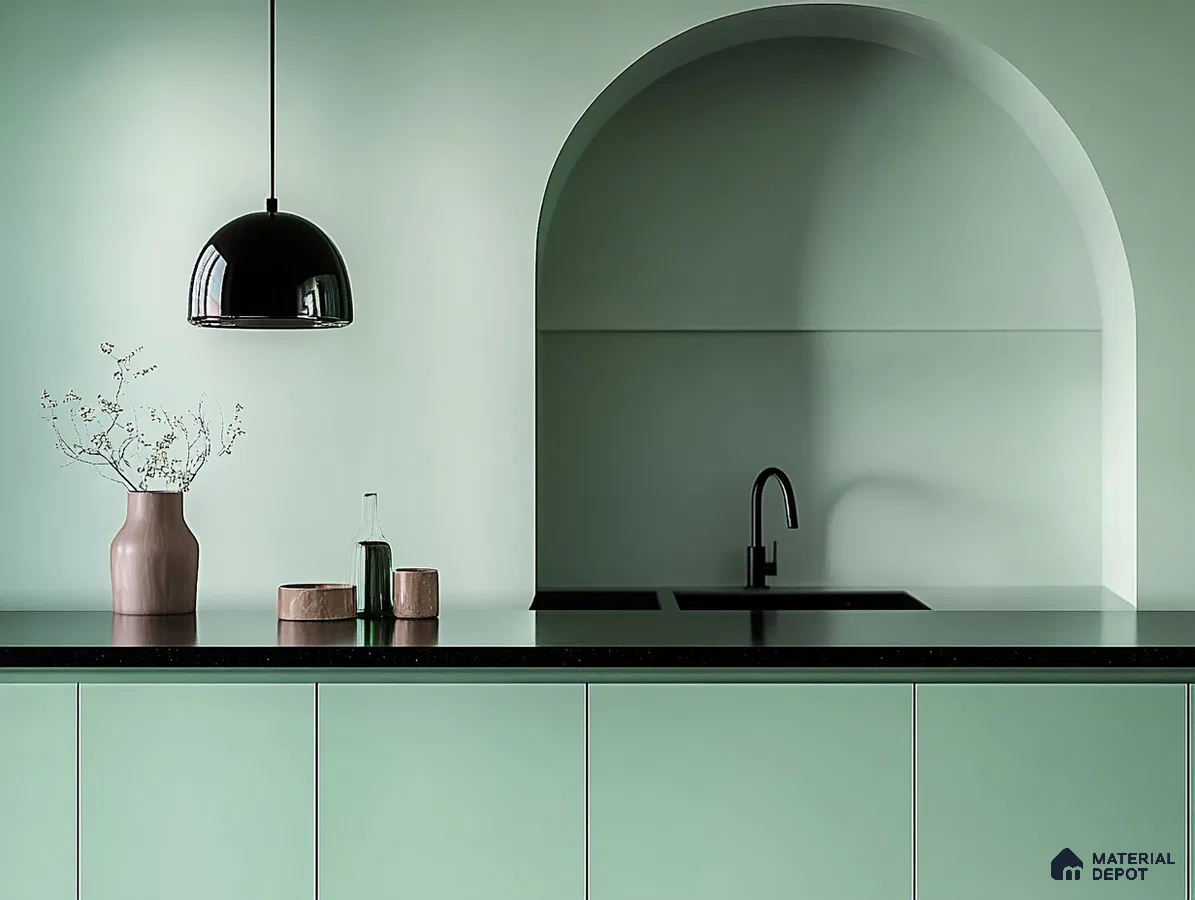 Minimalist Mint Green Kitchen with Sleek Arch Detail | Material Depot