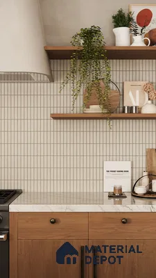 Minimalist Modern Kitchen with White Tiled Backsplash, Wood Cabinets, and Open Shelving | Material Depot