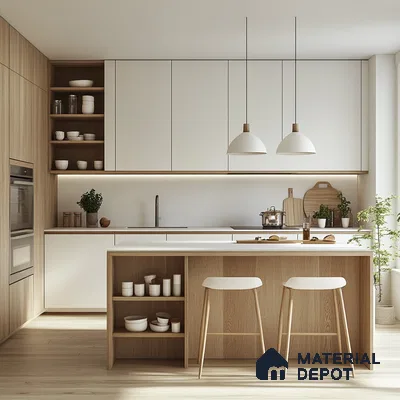 Minimalist Modern Kitchen with Wood Accents and Open Shelving | Material Depot