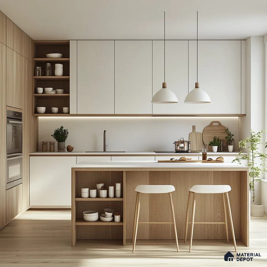 Minimalist Modern Kitchen with Wood Accents and Open Shelving | Material Depot
