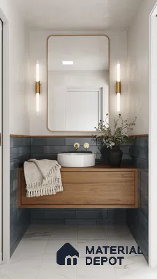 Minimalist Modern Powder Room with Blue Tiled Backsplash, Wood Vanity, and Marble Floor | Material Depot