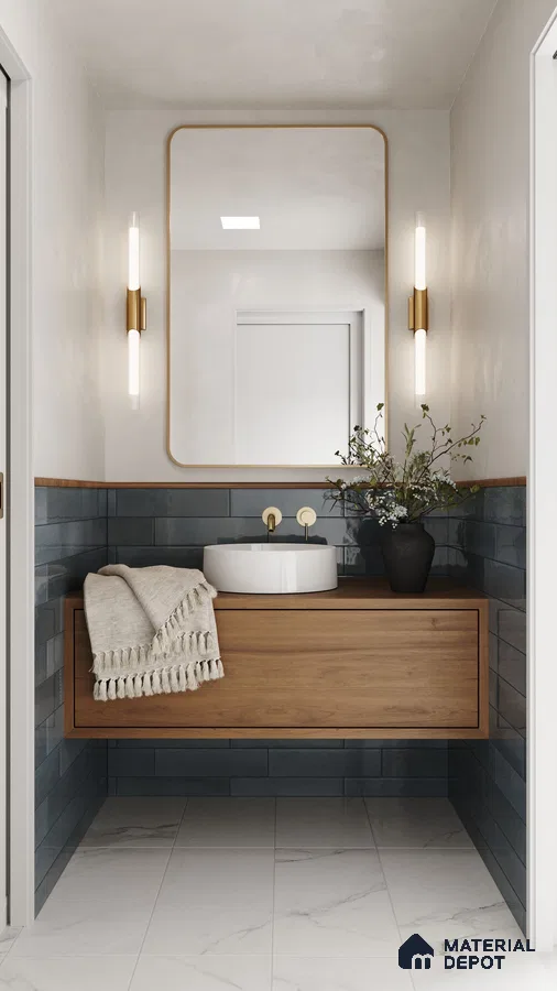 Minimalist Modern Powder Room with Blue Tiled Backsplash, Wood Vanity, and Marble Floor | Material Depot