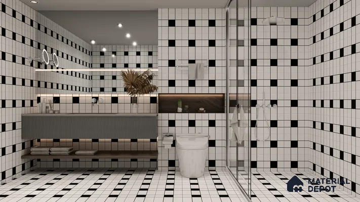 Modern Bathroom with Diagonal Grid Accent Wall and Soft Grey Tiles | Material Depot