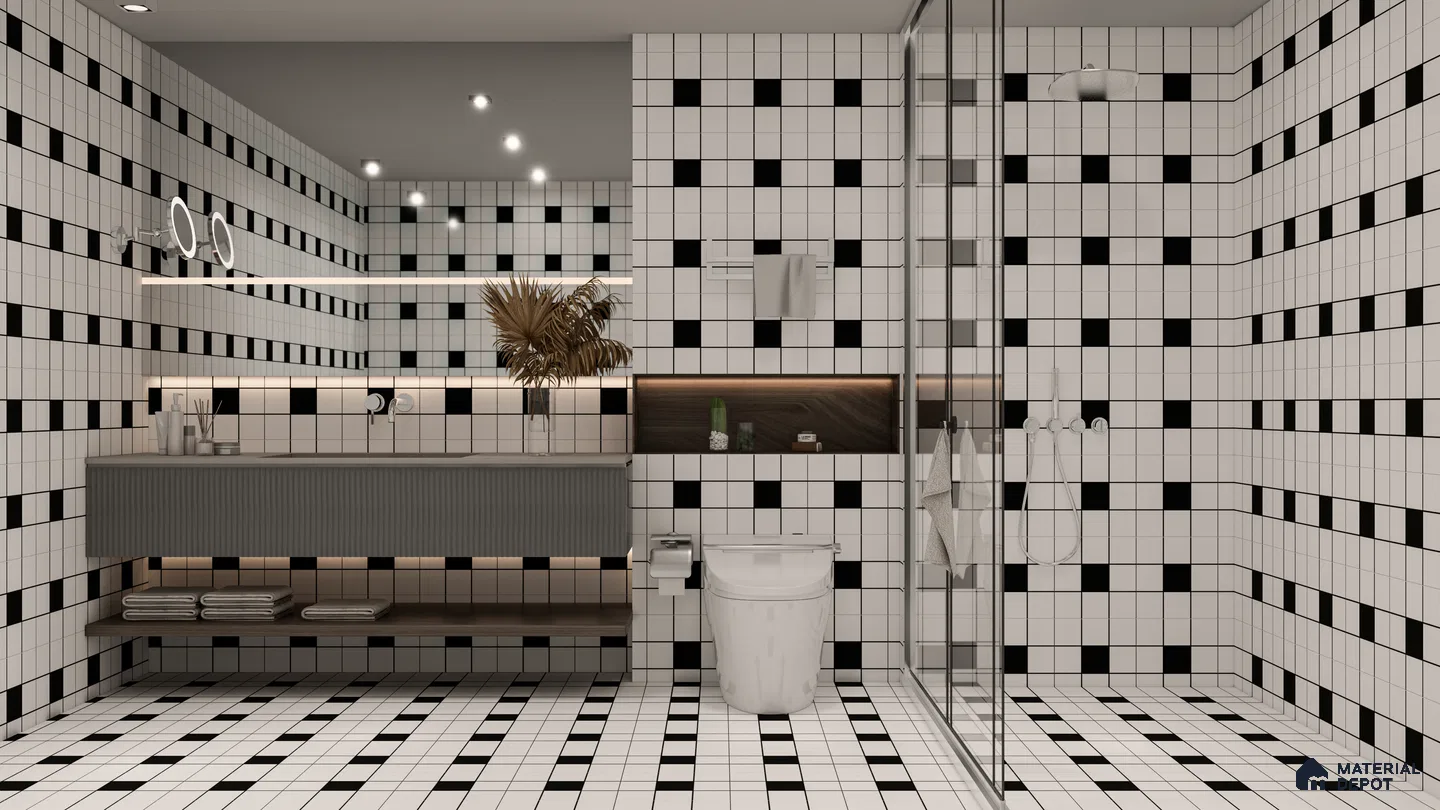 Modern Bathroom with Diagonal Grid Accent Wall and Soft Grey Tiles | Material Depot