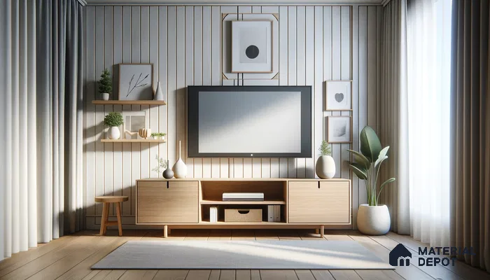 Minimalist Nordic Retreat with Streamlined Entertainment Set Against Vertical Lines | Material Depot
