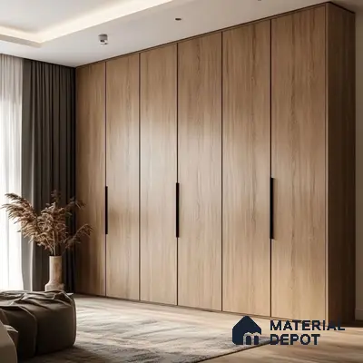 Minimalist oak wood laminate wardrobe with matte black handles in bedroom | Material Depot