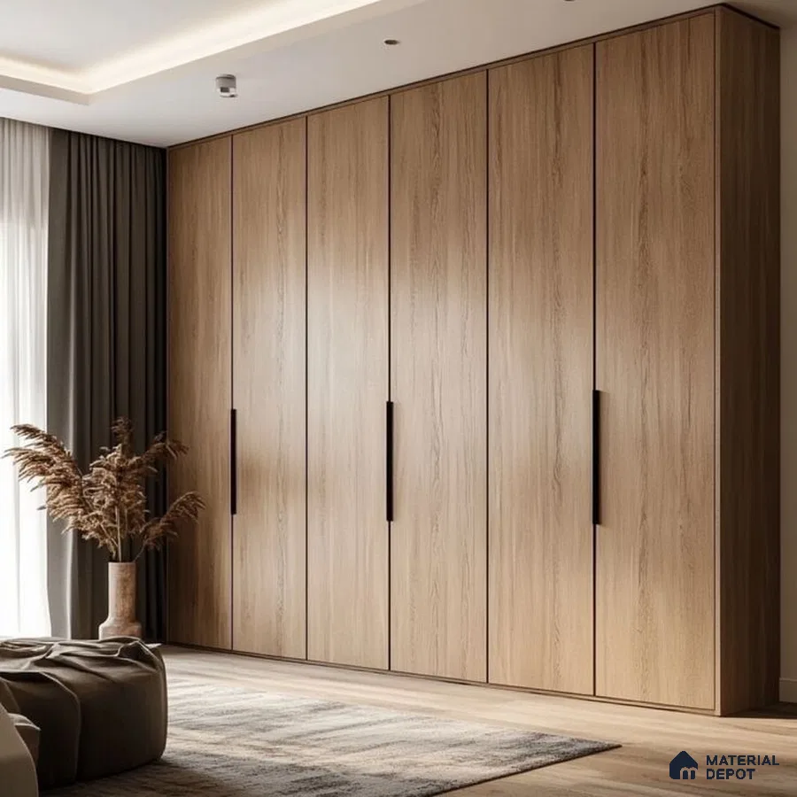 Minimalist oak wood laminate wardrobe with matte black handles in bedroom | Material Depot