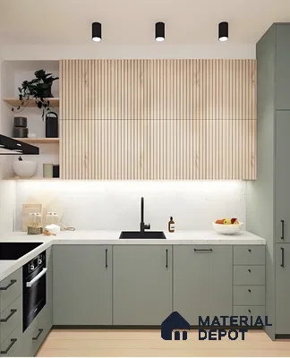 Minimalist Sage Green Kitchen With Fluted Wood Cabinets And Soft Under-Cabinet Lighting | Material Depot