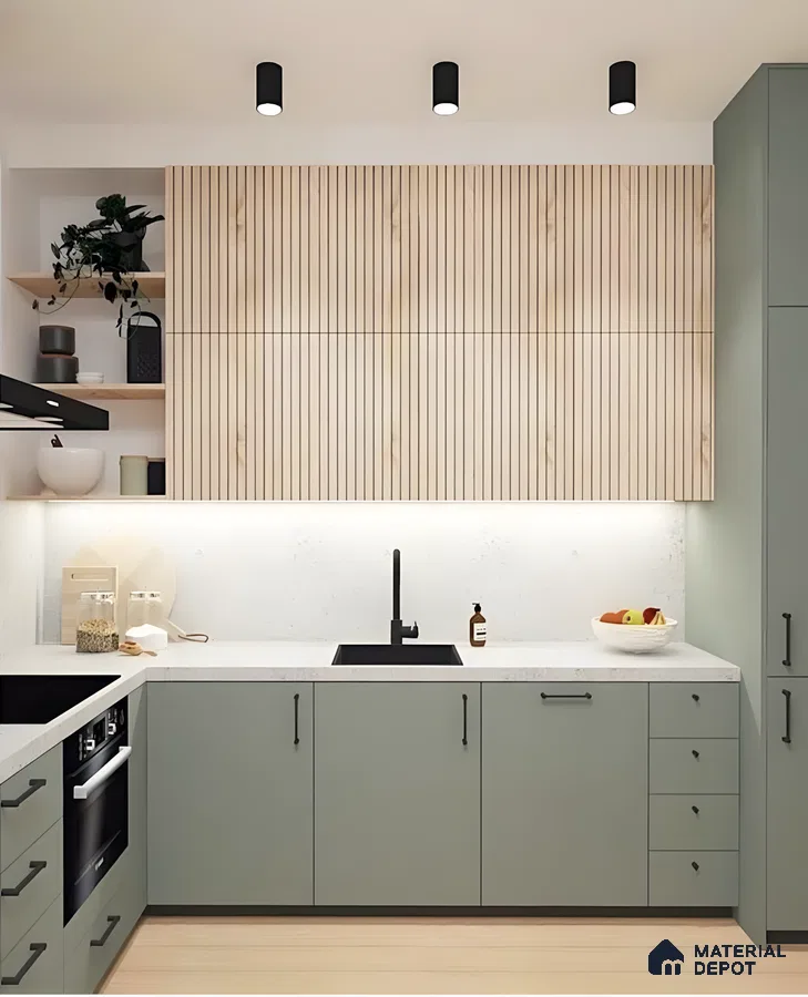 Minimalist Sage Green Kitchen With Fluted Wood Cabinets And Soft Under-Cabinet Lighting | Material Depot