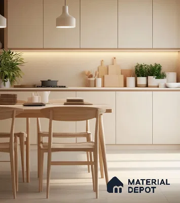 Glossy Island Kitchen with Dark Accents and Floor-to-Ceiling Windows | Material Depot