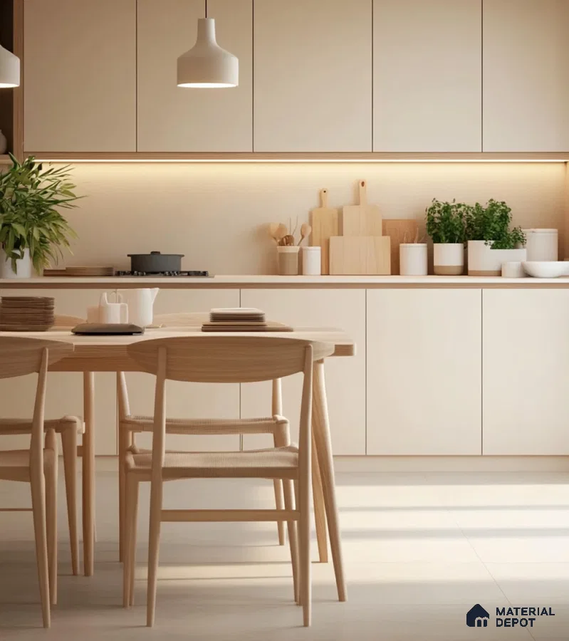 Glossy Island Kitchen with Dark Accents and Floor-to-Ceiling Windows | Material Depot