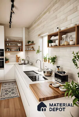 Minimalist Scandinavian White Kitchen with Warm Wood Accents | Material Depot