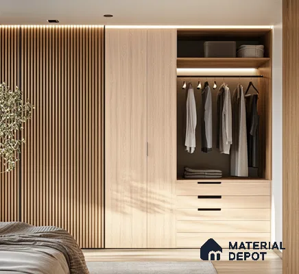 Minimalist Sliding Wooden Laminate Wardrobe with Fluted Panel Design | Material Depot