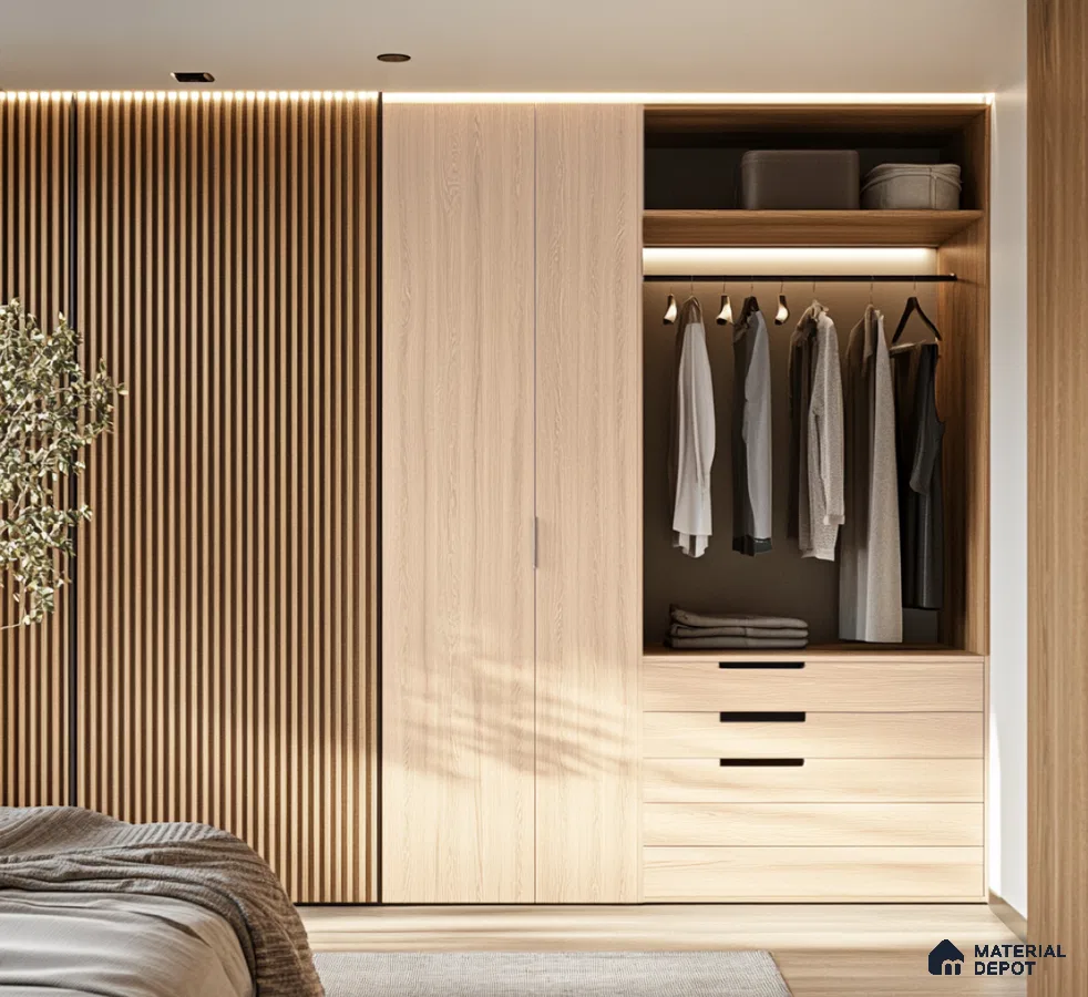 Minimalist Sliding Wooden Laminate Wardrobe with Fluted Panel Design | Material Depot