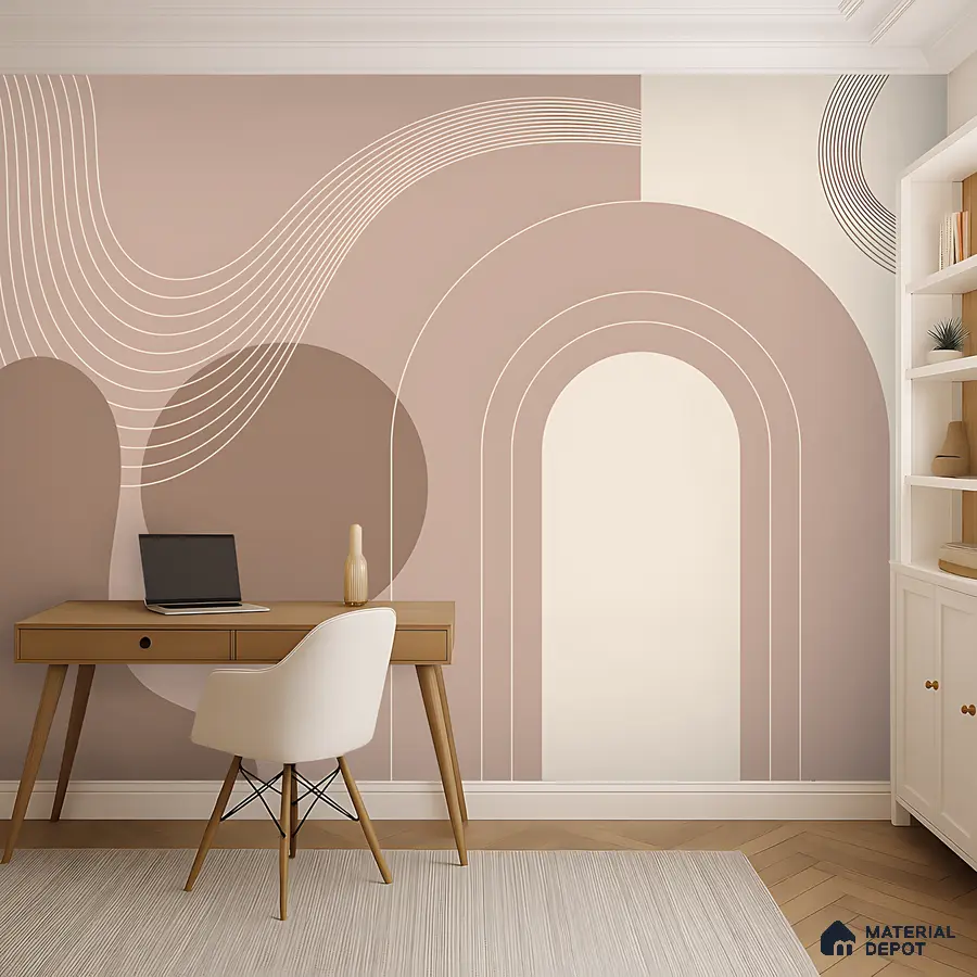 Minimalist study room with abstract geometric wallpaper and light wood desk in Bengaluru