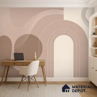 Minimalist study room with abstract geometric wallpaper and light wood desk in Bengaluru