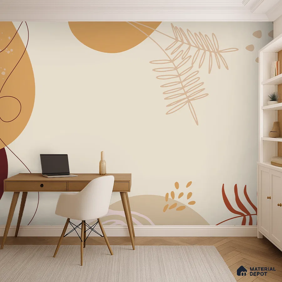 Minimalist study room with abstract patterned wallpaper and light wood desk in Bengaluru
