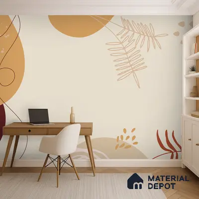 Minimalist study room with abstract patterned wallpaper and light wood desk in Bengaluru