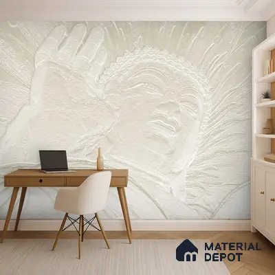 Minimalist study room with Buddha embossed wallpaper and light wood desk in Bengaluru