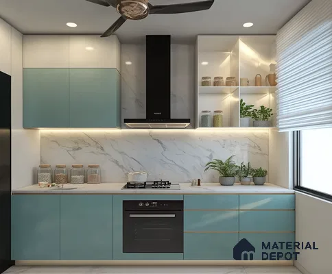 Minimalist Teal Kitchen with Elegant Marble Backsplash and Modern Fixtures | Material Depot