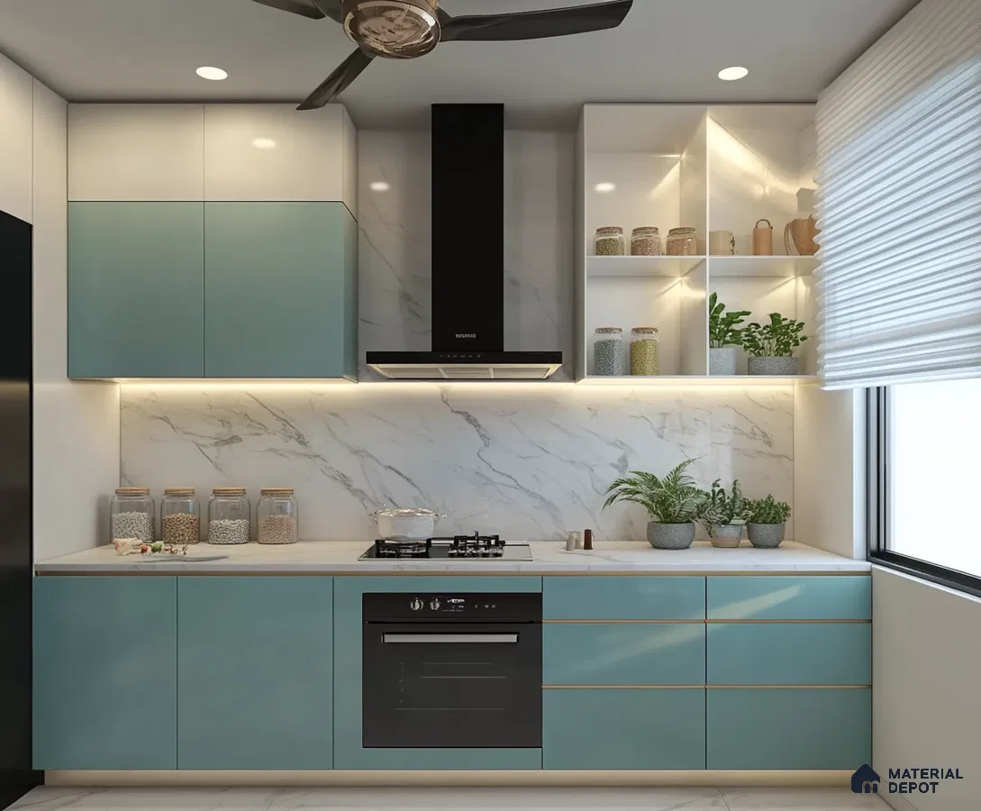 Minimalist Teal Kitchen with Elegant Marble Backsplash and Modern Fixtures | Material Depot