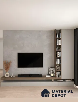 Minimalist Tv Unit With Concrete Wall, Floating Wood Shelf, And Grey Cabinets | Material Depot