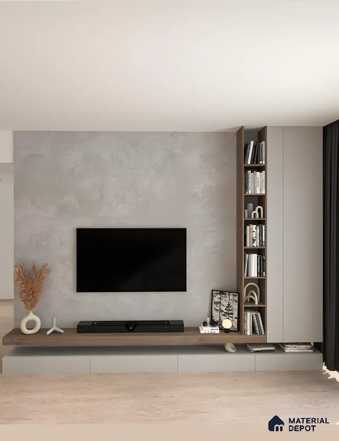 Minimalist Tv Unit With Concrete Wall, Floating Wood Shelf, And Grey Cabinets | Material Depot
