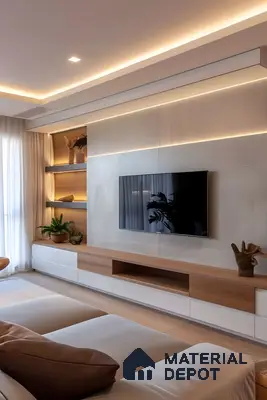 Minimalist Tv Wall Unit With Light Wood Accents And Ambient Shelf Lighting | Material Depot