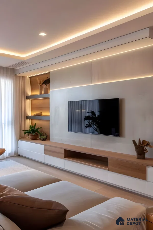 Minimalist Tv Wall Unit With Light Wood Accents And Ambient Shelf Lighting | Material Depot