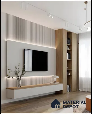 Minimalist Tv Wall With White Fluted Panels, Wooden Shelf Top, And Open Bookcase | Material Depot