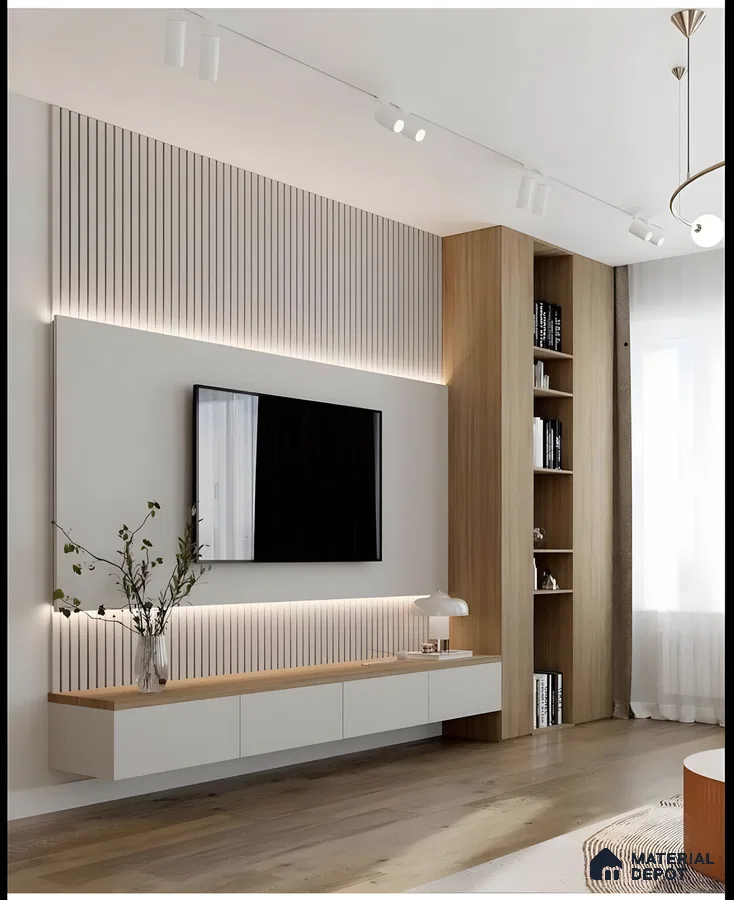 Minimalist Tv Wall With White Fluted Panels, Wooden Shelf Top, And Open Bookcase | Material Depot