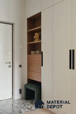 Minimalist Wardrobe with beige laminate cabinets, natural wood open shelving, and granite floor tile | Material Depot