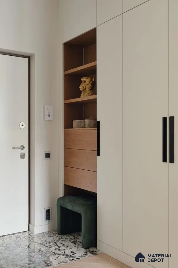Minimalist Wardrobe with beige laminate cabinets, natural wood open shelving, and granite floor tile | Material Depot