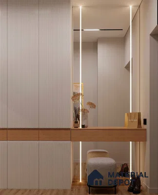 Minimalist Wardrobe with fluted white panels, natural oak laminate, and warm wood flooring | Material Depot