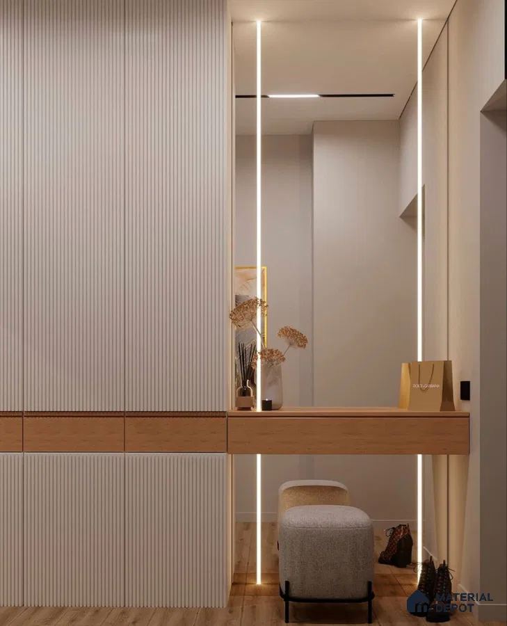 Minimalist Wardrobe with fluted white panels, natural oak laminate, and warm wood flooring | Material Depot