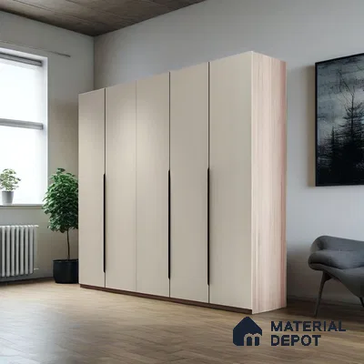Minimalist wardrobe with frosty beige laminate shutters and light oak wooden flooring | Material Depot