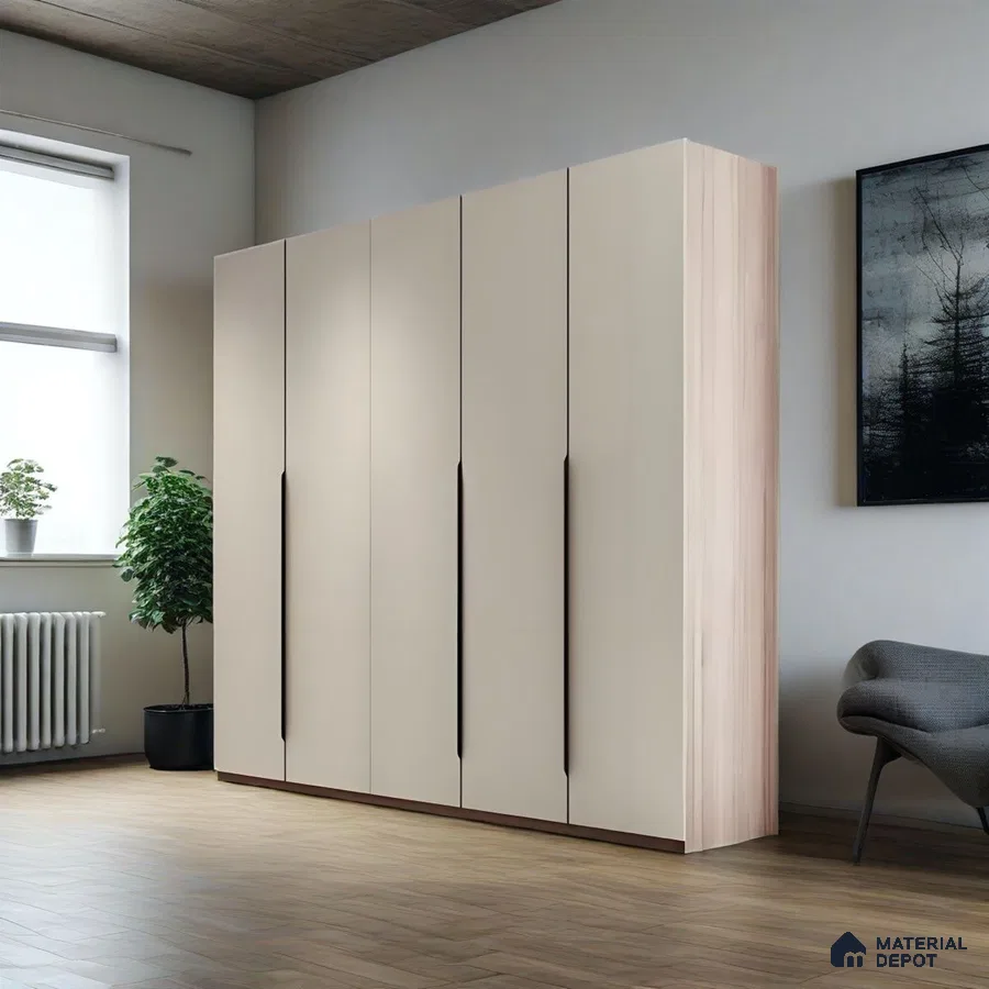 Minimalist wardrobe with frosty beige laminate shutters and light oak wooden flooring | Material Depot