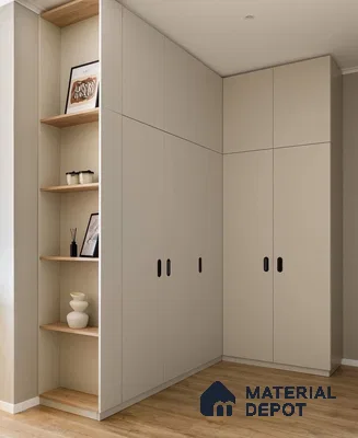 Minimalist wardrobe with frosty beige laminate shutters and natural oak open shelves | Material Depot