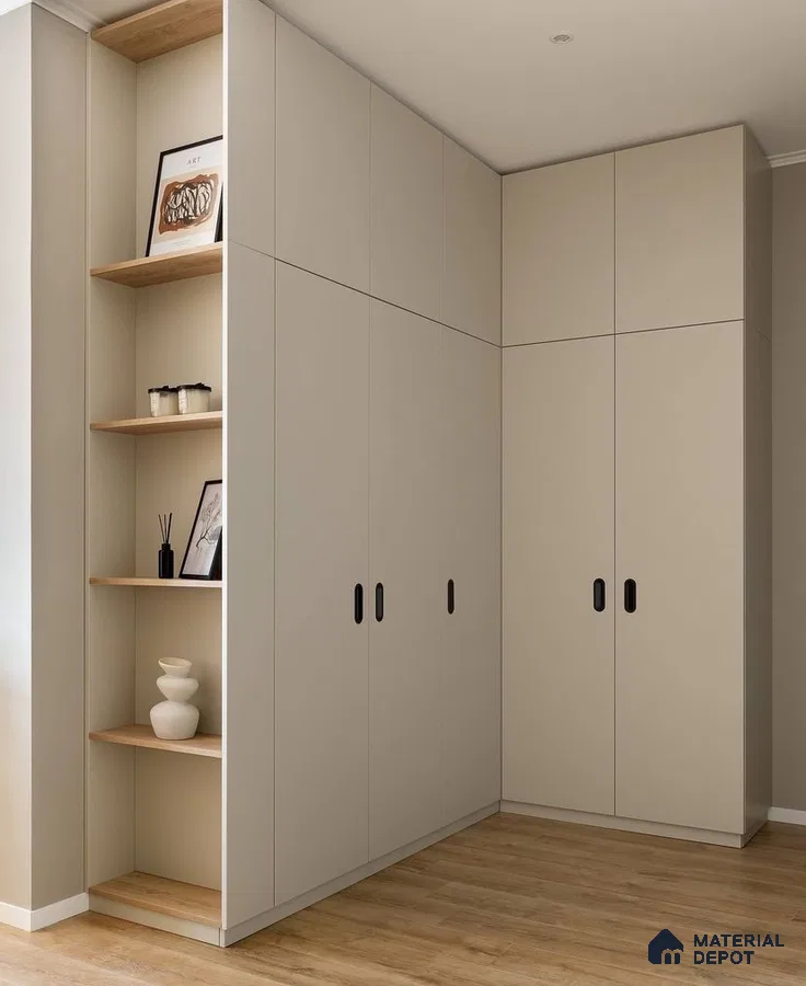 Minimalist wardrobe with frosty beige laminate shutters and natural oak open shelves | Material Depot