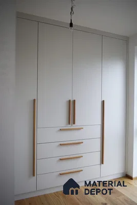Minimalist wardrobe with frosty white laminate and natural oak handles on wooden flooring | Material Depot