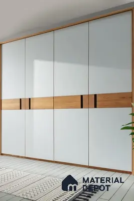 Minimalist wardrobe with frosty white laminate and natural oak wood accent panels | Material Depot