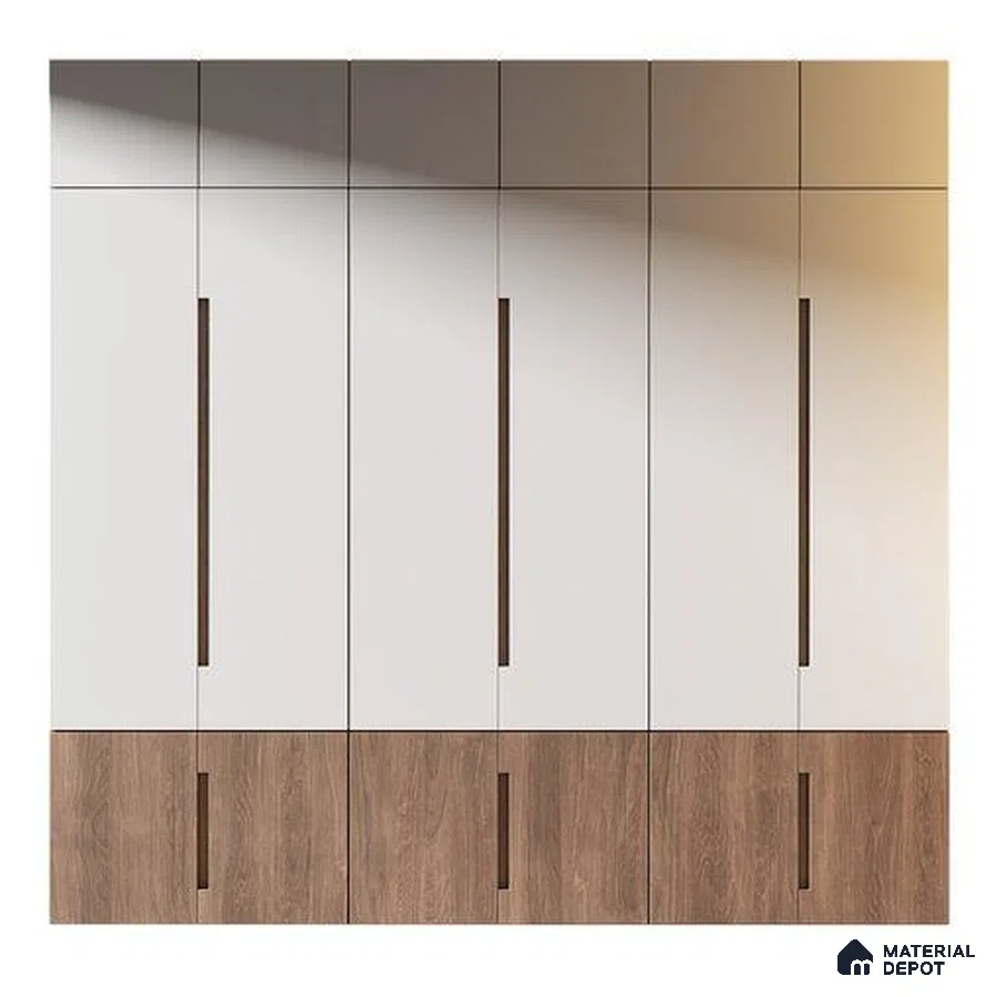 Minimalist wardrobe with frosty white laminate and walnut brown wood laminate | Material Depot