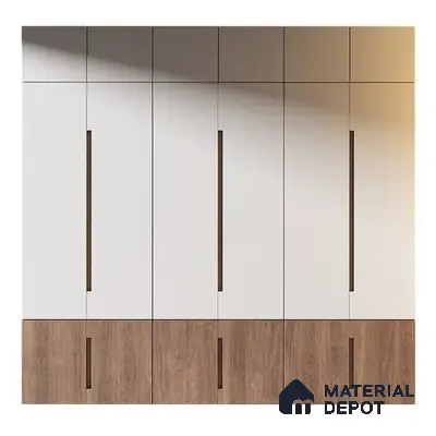 Minimalist wardrobe with frosty white laminate and walnut brown wood laminate | Material Depot
