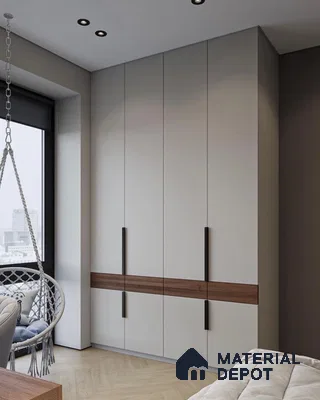 Minimalist wardrobe with frosty white laminate and walnut wood accent in modern bedroom | Material Depot