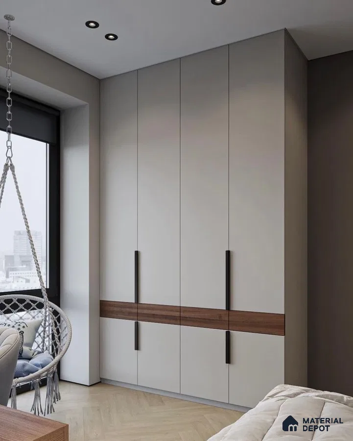 Minimalist wardrobe with frosty white laminate and walnut wood accent in modern bedroom | Material Depot
